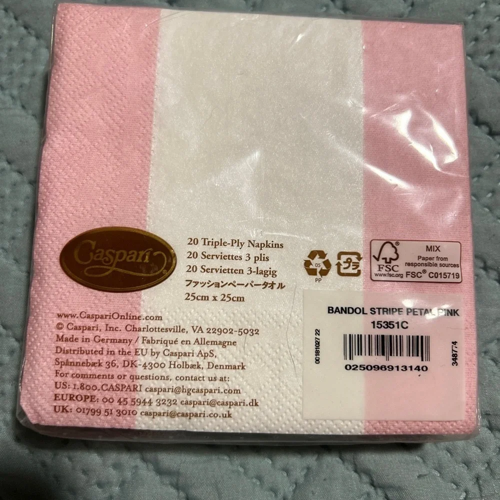 Caspari Paper napkins 20 Triple Ply 25cmx25cm Bandol Stripe Petal Pink